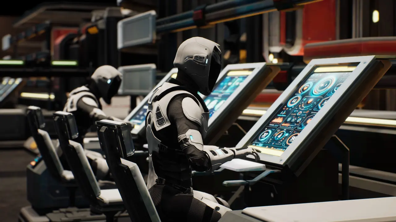 Two suited figures seated at angled control consoles inside a dark command room, with blue circular readouts glowing on the screens in front of them