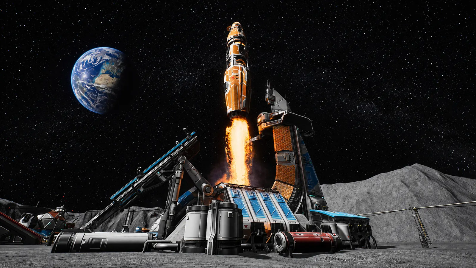 Official The Crust key art: a rocket lifting off a lunar launch pad under a deep-space sky