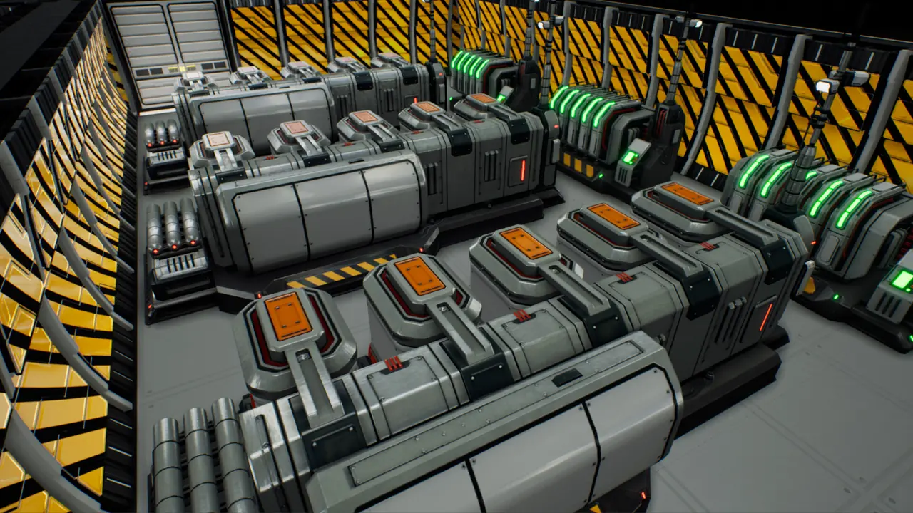 An underground industrial hall with grey machinery, orange-topped units and a row of glowing green process vessels along a hazard-striped wall