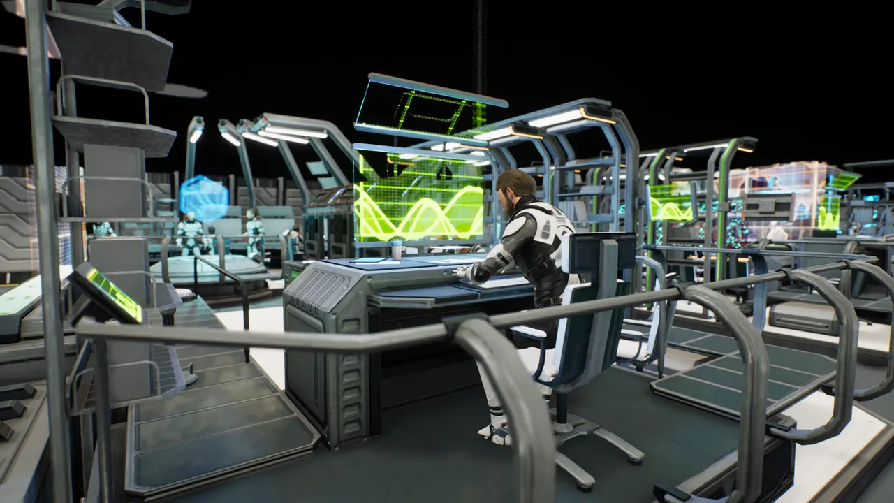 Inside a research laboratory: a colonist at a console in the foreground, with a green waveform hologram on the screen and rows of lab benches and equipment behind