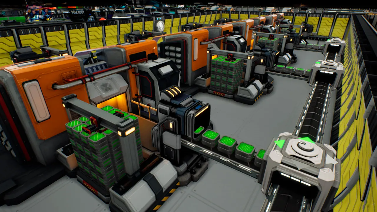 Official screenshot of a factory interior with large grey machinery and hazard-striped walls