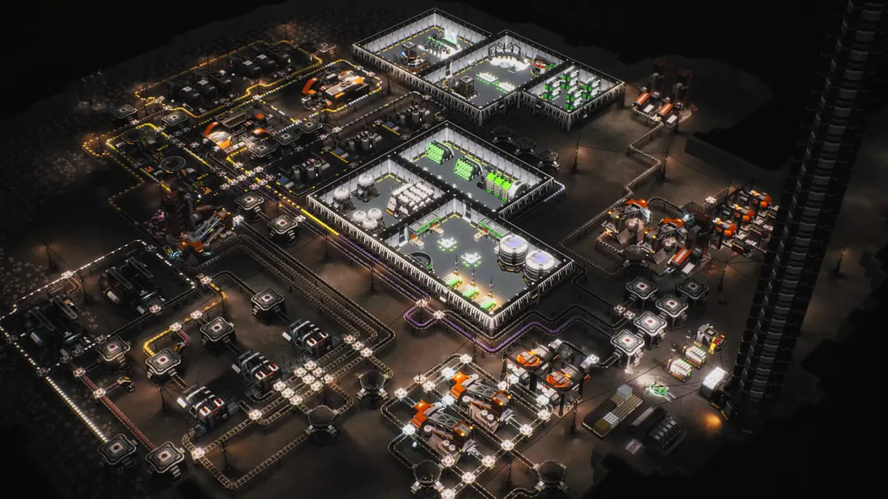 Official top-down screenshot of a lunar colony at night with floodlights on
