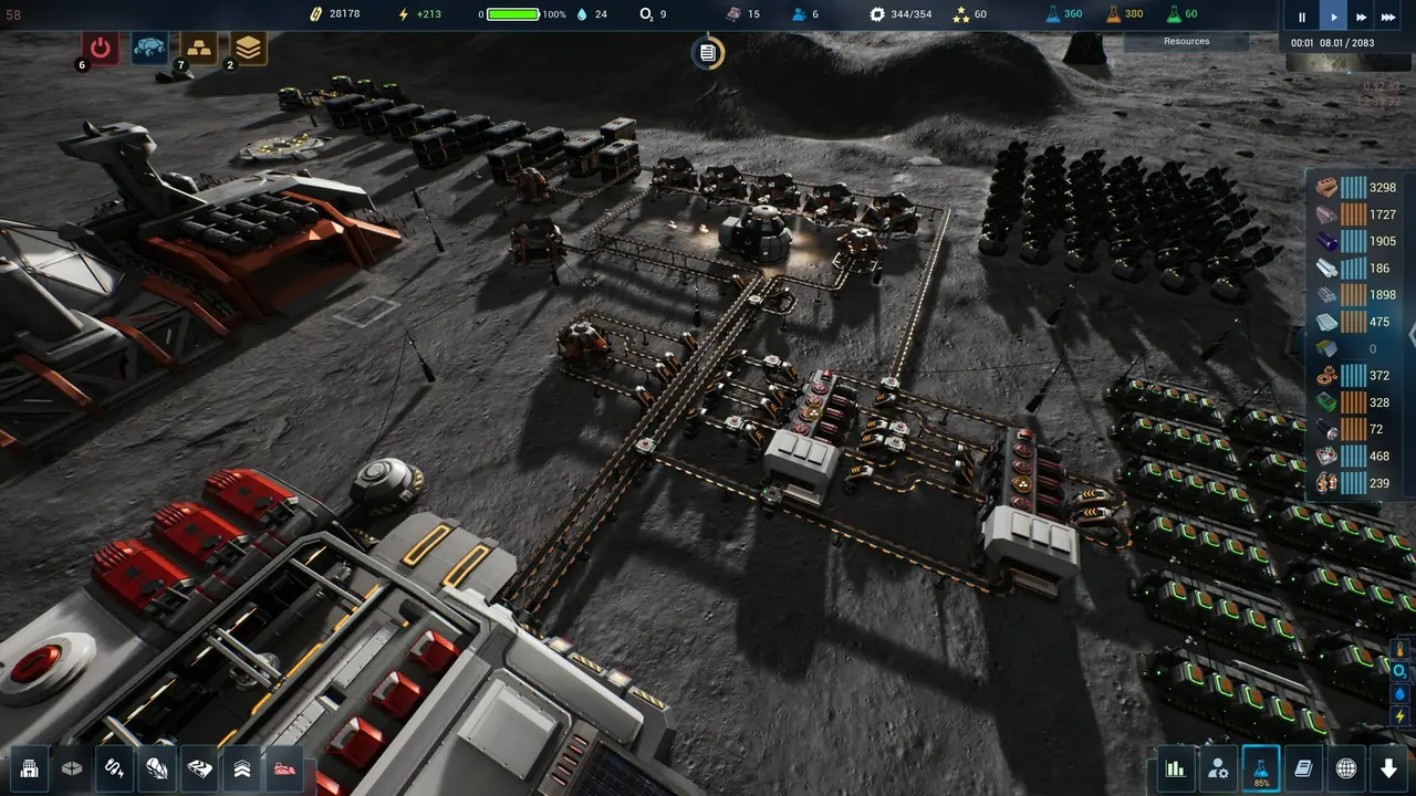 Official top-down screenshot of a base with drilling rigs and long conveyor runs