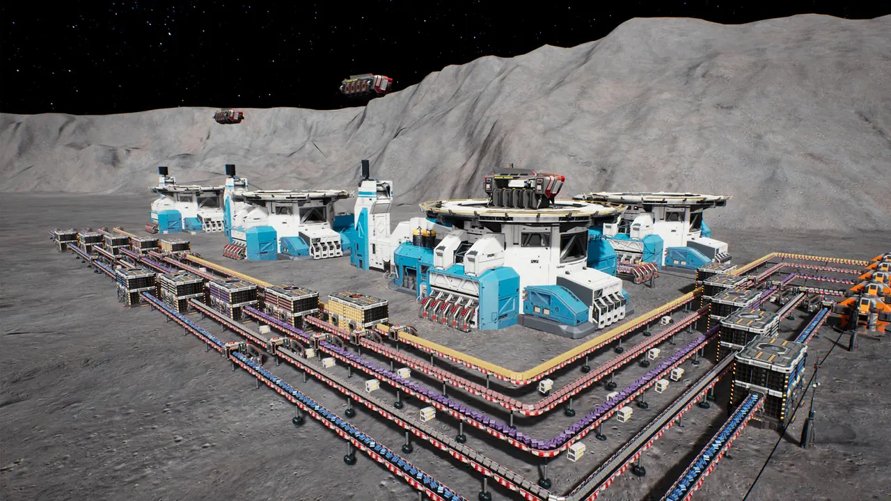 A colony built along the rim of a lunar crater, made of white and blue modules; a large celestial body hangs in the sky
