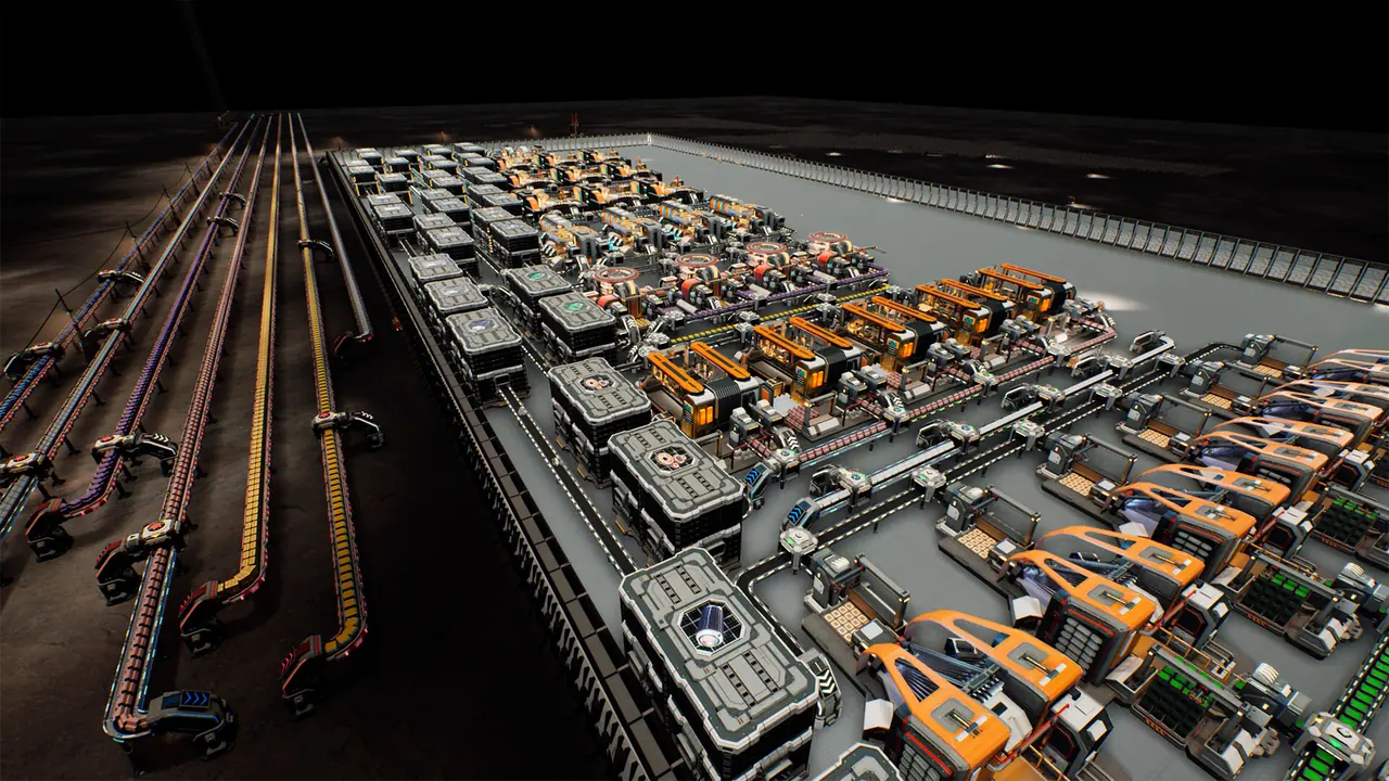 A very large industrial base on the dark lunar surface, with long parallel conveyor corridors running in from the left toward a walled district of grey and orange factory modules