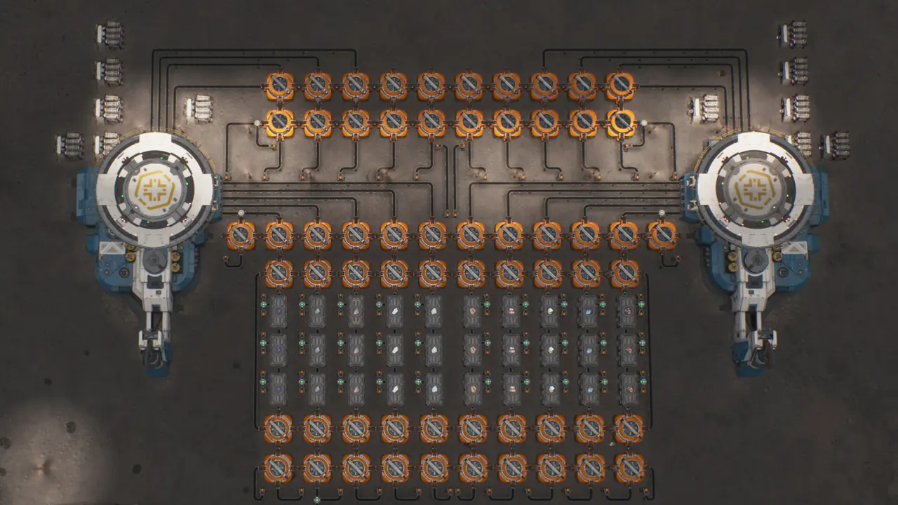 Two large power stations flanking a row of orange power units on the lunar surface