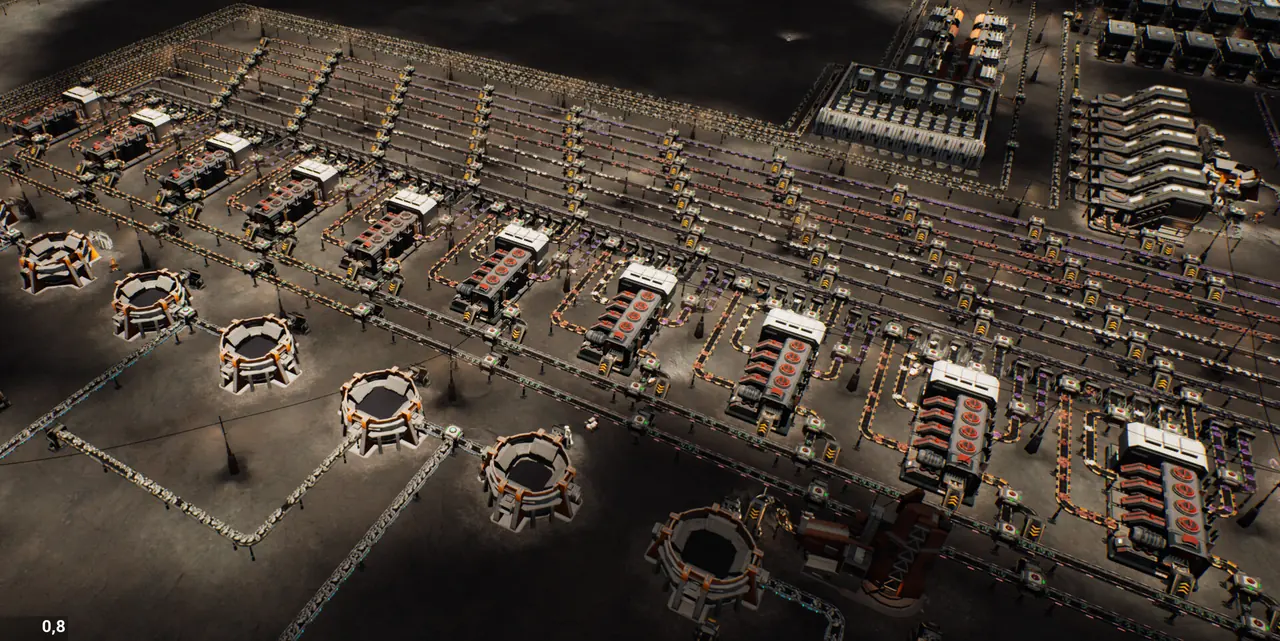 A top-down view of a drilling field: rows of white harvester modules with red drums, several round excavated pits, and a dense conveyor network crossing the site
