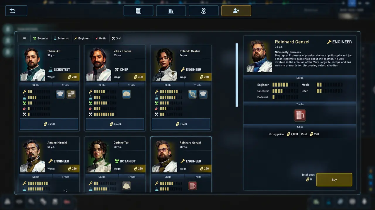 Official screenshot of the colonist hiring screen showing wage, skills and traits fields
