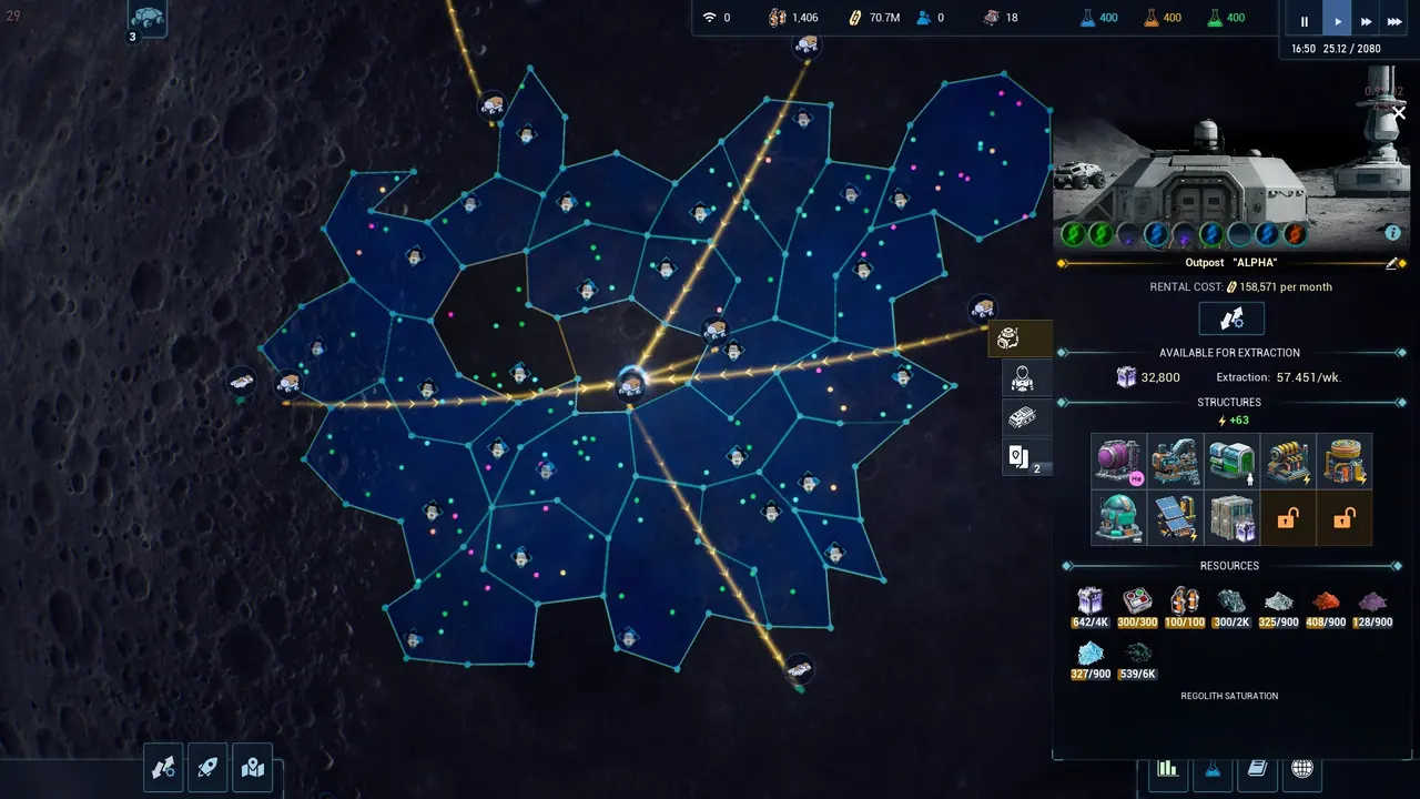 The outpost management panel open beside the lunar territory map, showing the outpost name, a monthly rental cost, an available-for-extraction figure, a structures count and a resource list ending in a regolith saturation reading