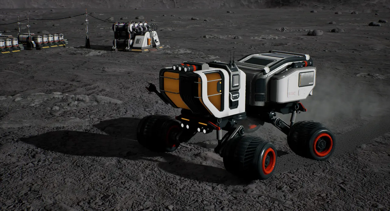 A six-wheeled rover parked on the lunar surface, with battery racks and a drilling module behind it